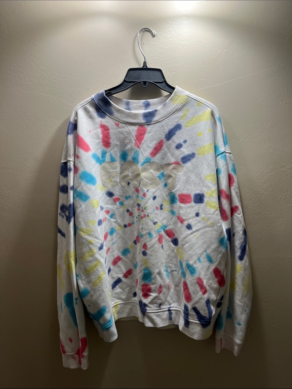 DSG White Tie-Dye Crewneck Sweatshirt with Blue, Pink & Yellow Accents